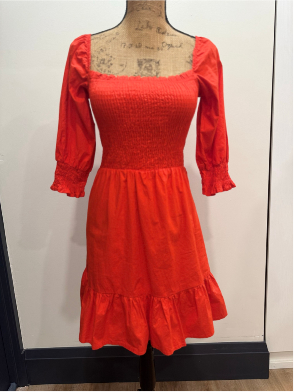 Sim & Sam Red Smocked Puff Sleeve Mini Dress Cottagecore XS Prairie Milkmaid